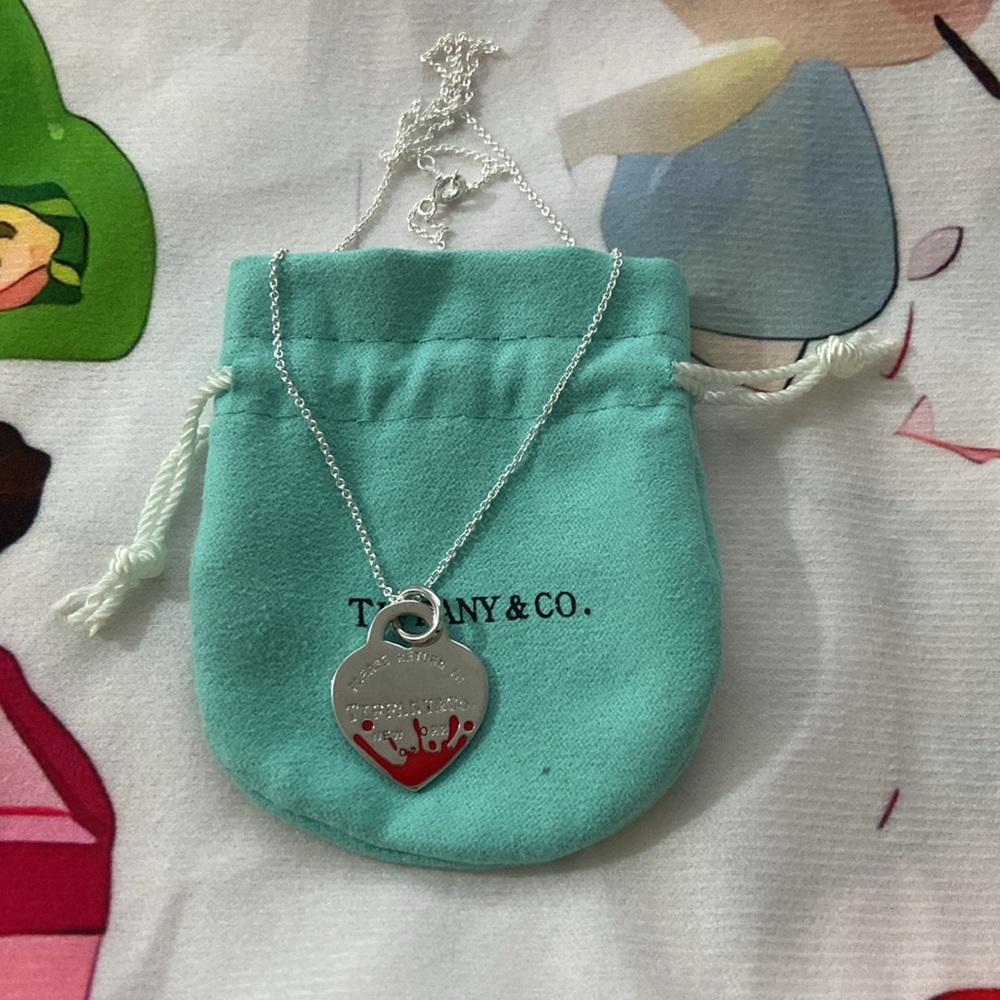 Tiffany & Co. Sterling Silver Heart Shaped Lock Pendant Necklace With Red Enamel
